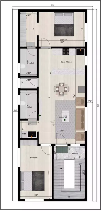 23 * 55 house plan 2bhk west facing with 1bhk for rent 1st Floor