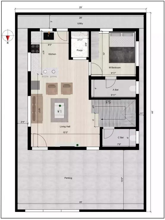 29 44 house plan 2 bedroom of the Residential building Ground Floor Plan