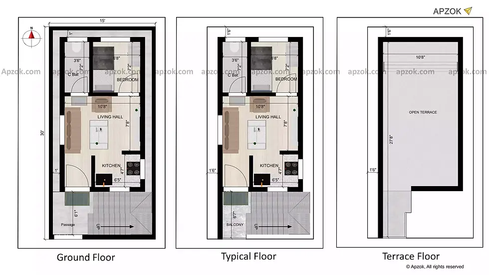 Thumbnail — 15 × 30 ft (4.57 x 9.14 m) 1BHK South house plan, Plan RA0084