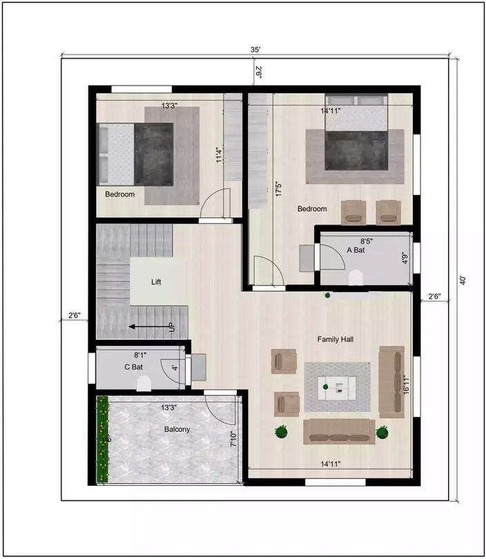 35 * 40 house plan with lift of the Residential building 1st  Floor Plan