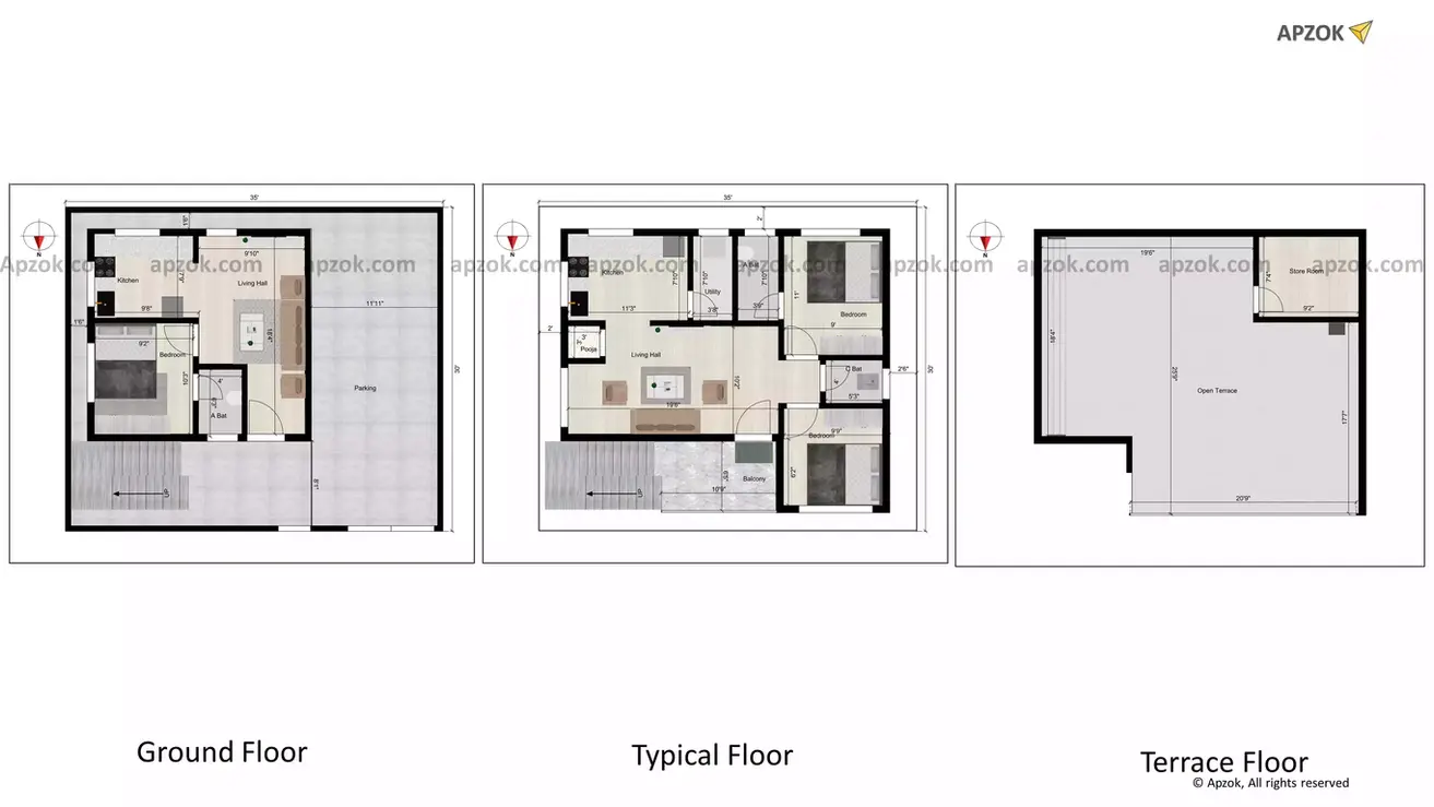 35 * 30 house plan north facing with car parking of the Residential