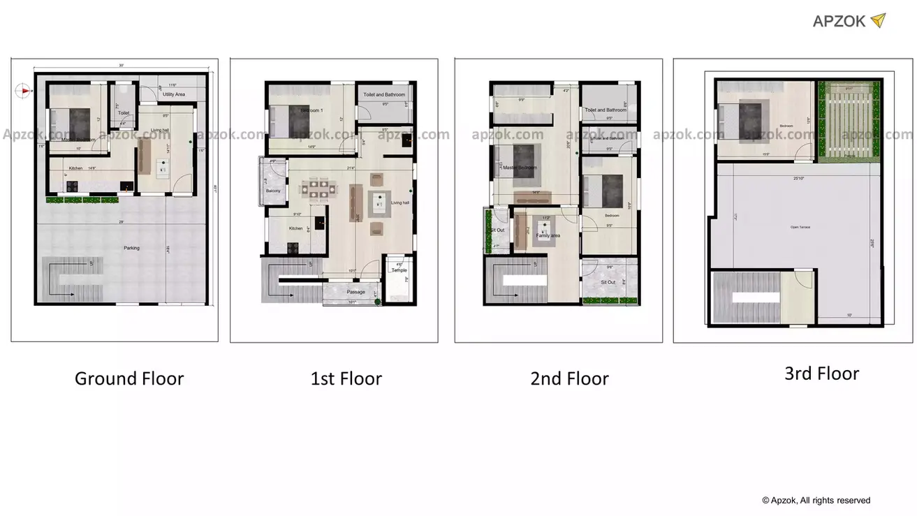30 * 40 east facing duplex house plan of the Residential building