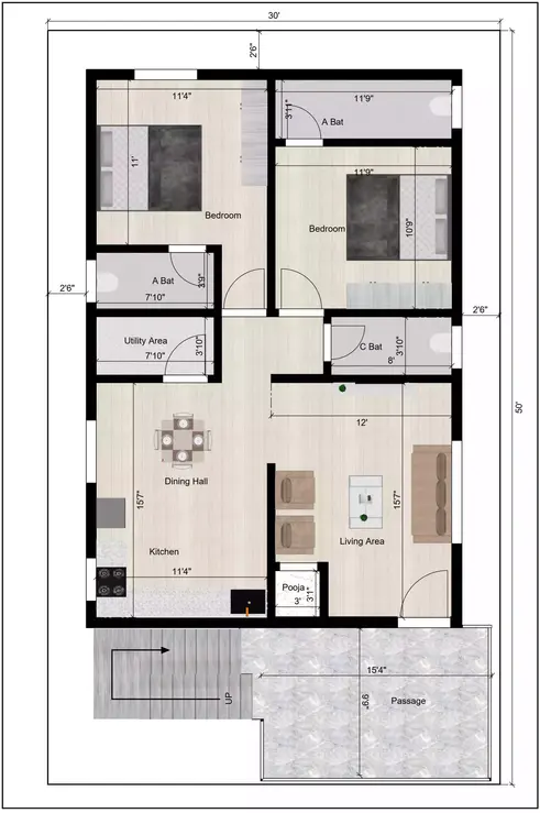 30' × 50' east-facing site, designed primarily for rental purposes 1st floor plan