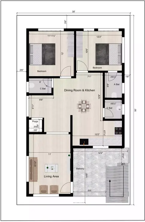 30' x 50' south-facing site, primarily designed for rental purposes 1st floor plan