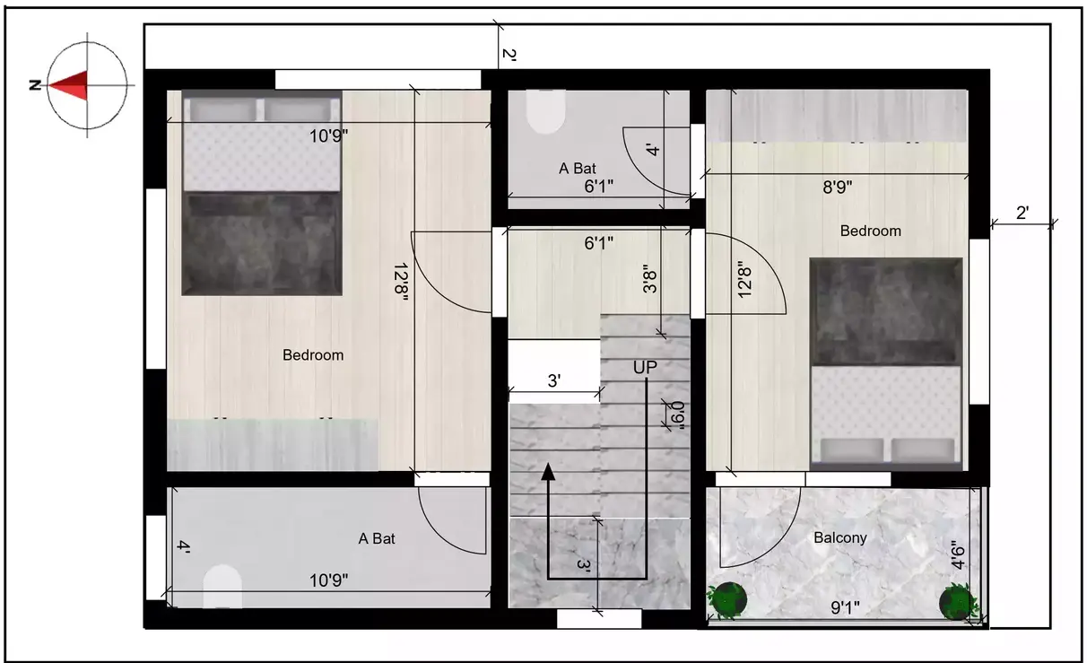 30 * 20 house plan duplex 3bhk west facing of the building features a west-facing orientation 2nd Floor Plan