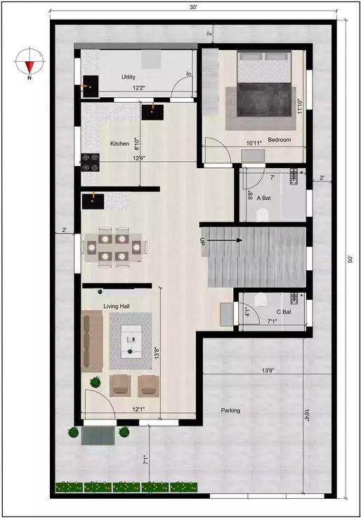 30 50 house plan 3bhk duplex of the Residential building ground floor plan