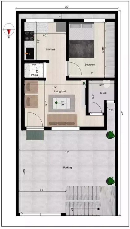 20 x 40 home design 2bhk typical floor plan of the Residential building Ground Floor Plan