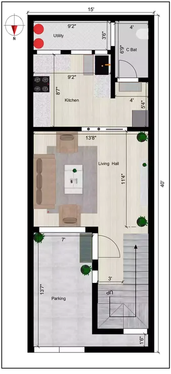 15 40 feet house design of the Residential building  Ground Floor