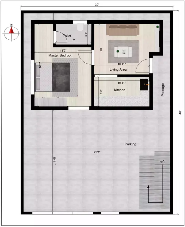 30 40 south facing duplex house plan showcases an impressive duplex plan with a G+3 floor layout. Ground Floor Plan