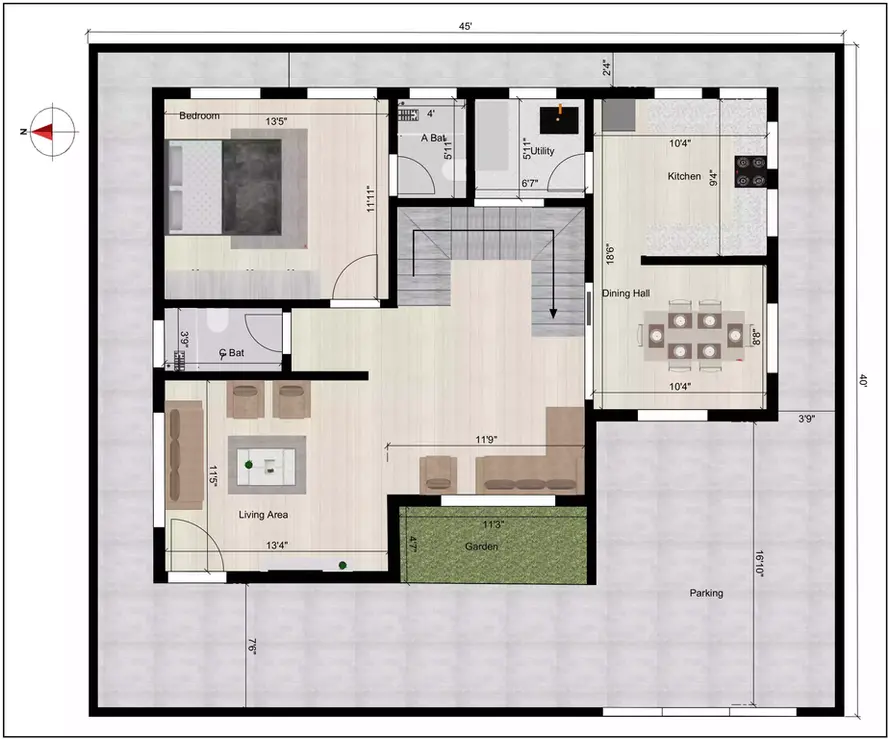 45 * 40 duplex house plan of the Residential building facing in West direction Ground Floor Plan