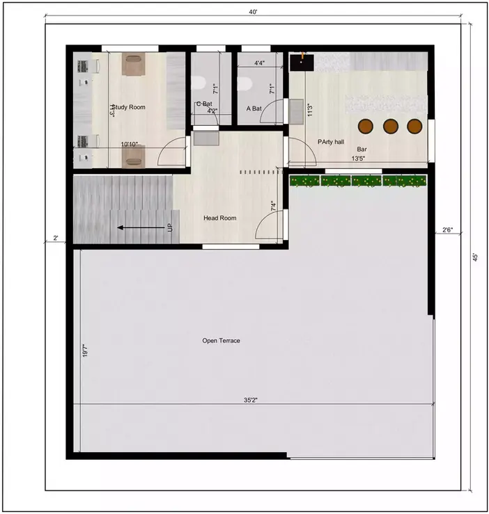 40 * 45 feet house design east facing duplex plan of the Residential building Terrace Floor Plan