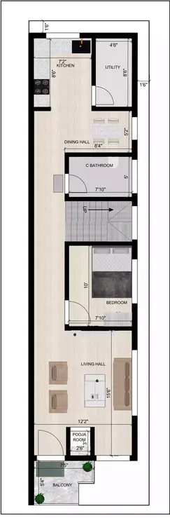 15 x 60 north facing house plans 3bhk duplex with 1bhk rent 1st Floor Plan