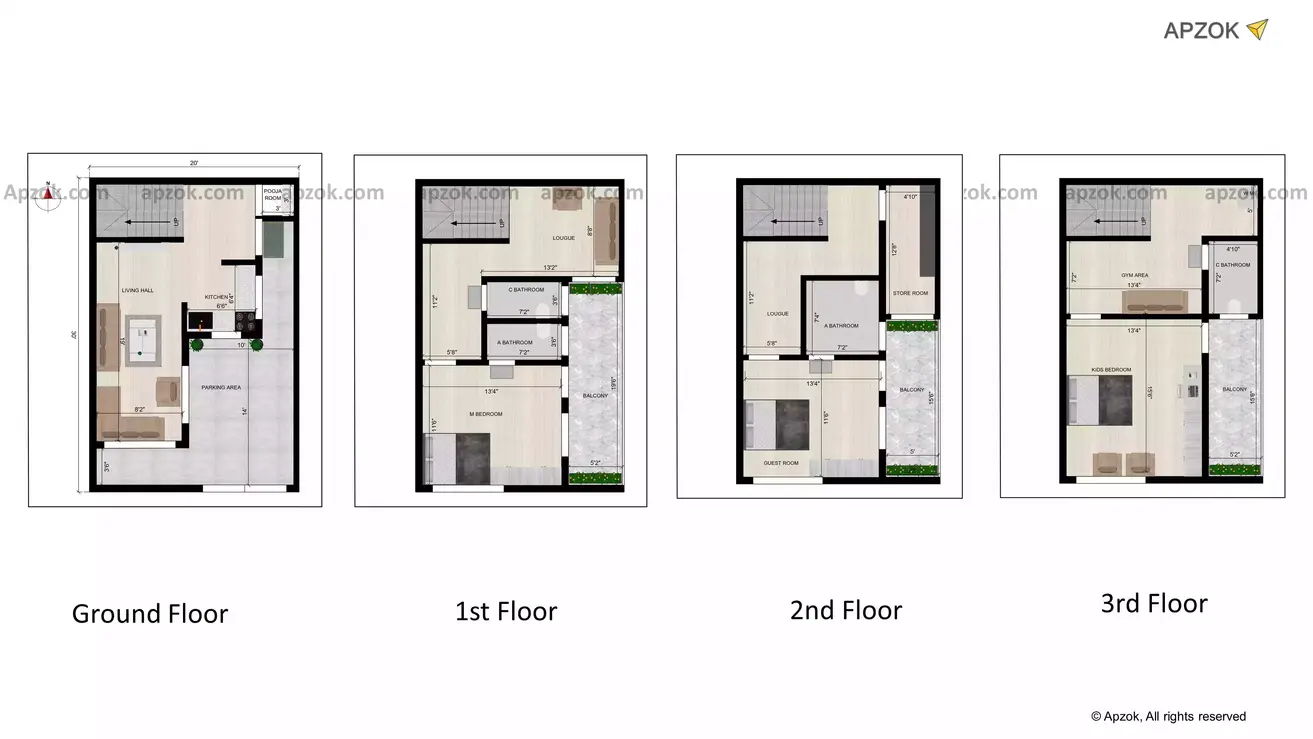 20 30 house plan 3 bedroom plot and unfolds over G+4 floors