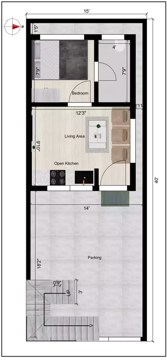 15 * 40 house design plan of the Residential building Ground Floor