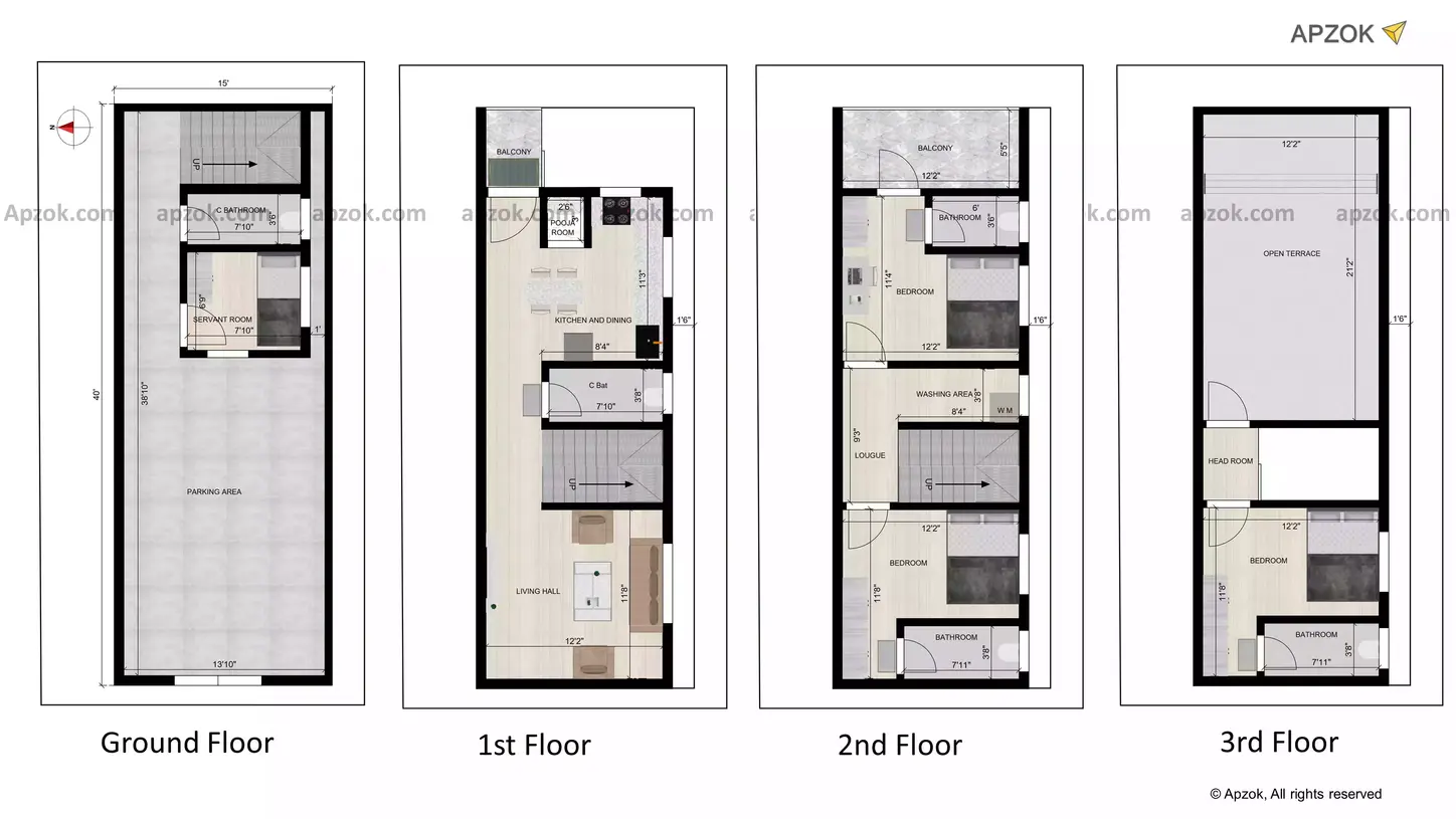 15 x 40 duplex house plans west facing of the Residential Building
