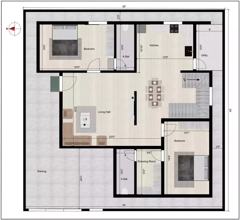 Duplex house 45 x 45 plan of the Residential building facing in West direction Ground Floor Plan