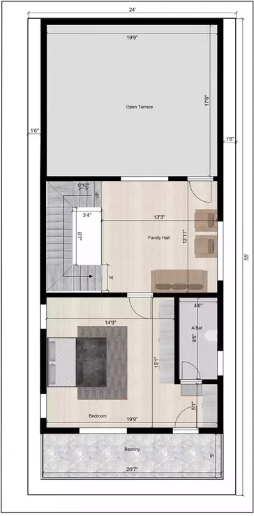 24 * 55 duplex house plan east facing 2nd Floor