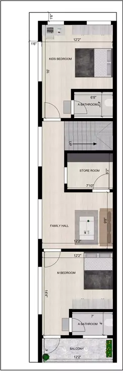 15 by 60 feet house plan west facing plot 1st Floor Plan