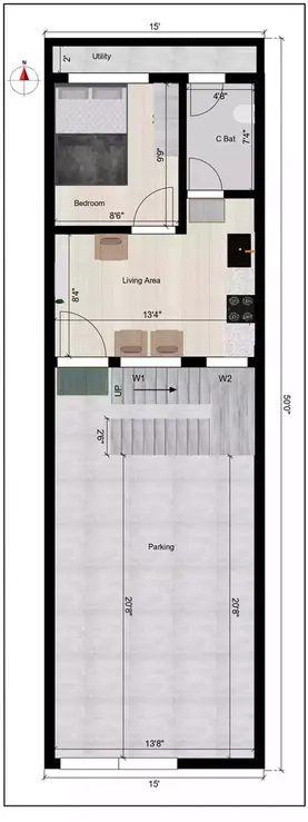15 * 50 house plan south facing 1bhk Rental design of the Residential building Ground Floor Plan