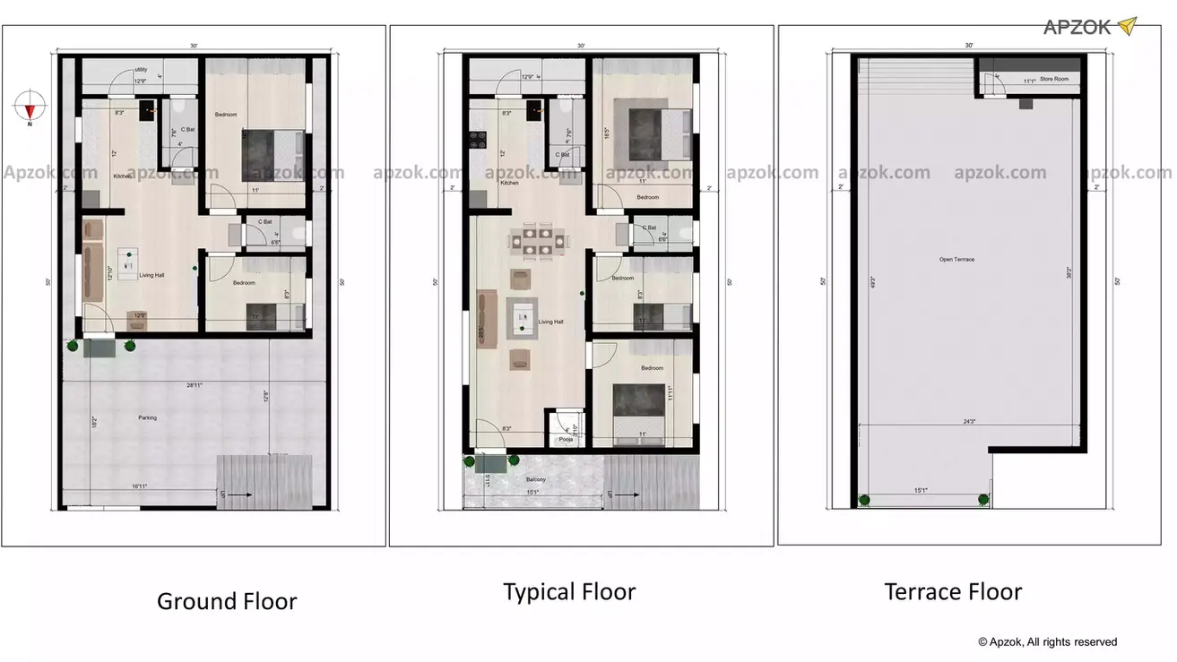 north-facing 30' × 50' site, constructed for rental purposes
