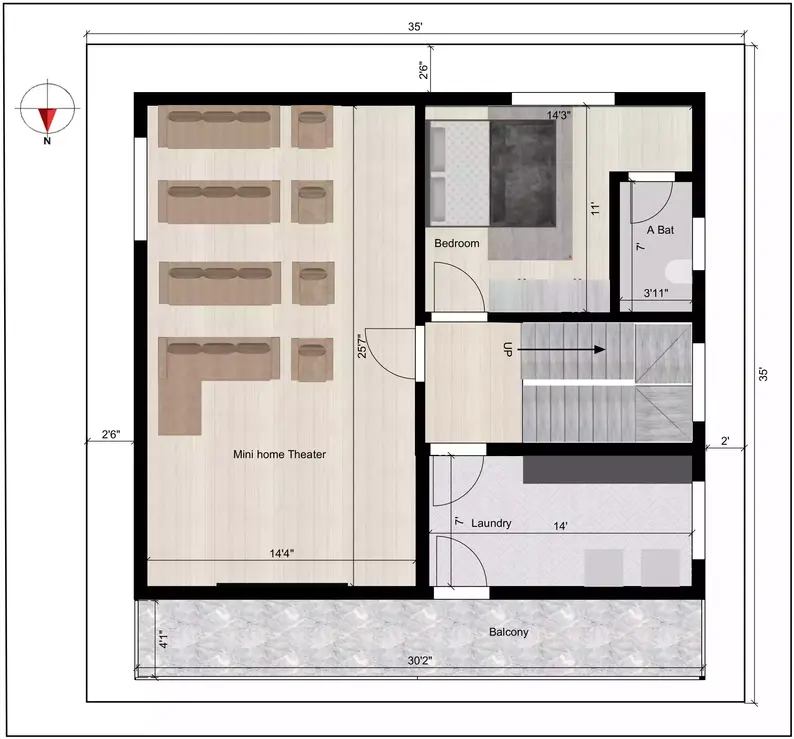 35 * 35 house plan 4 bhk duplex north facing of the Residential building 2nd floor plan