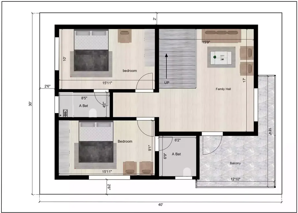 3 bhk house plans 40x30 east facing 1st Floor Plan