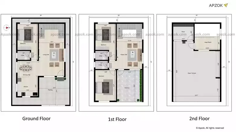 East Face 3BHK Duplex House Layout 30x45 ft | RL0160