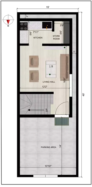 15 * 40 north facing house plan of the Residential Building Ground Floor