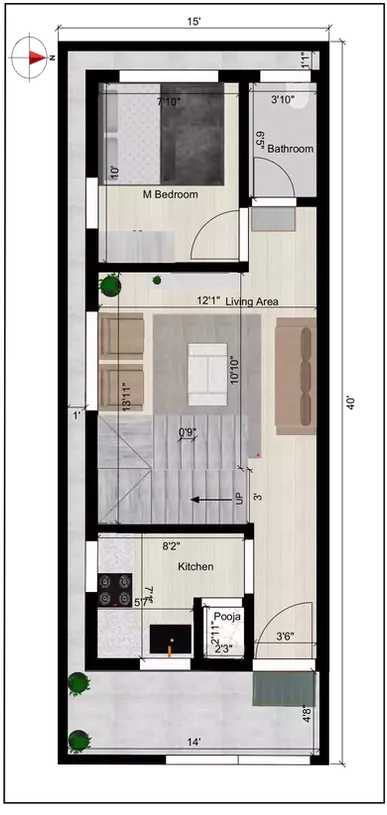 15 by 40 house duplex plan ground Floor