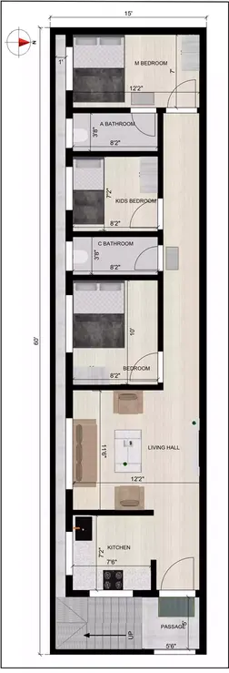 15 x 60 house plan east facing rental 3bhk Ground Floor Plan
