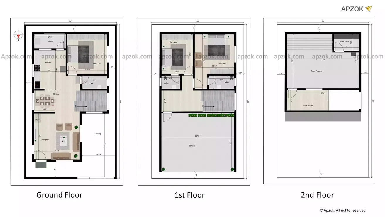 30 x 50 3bhk house plan of the Residential building