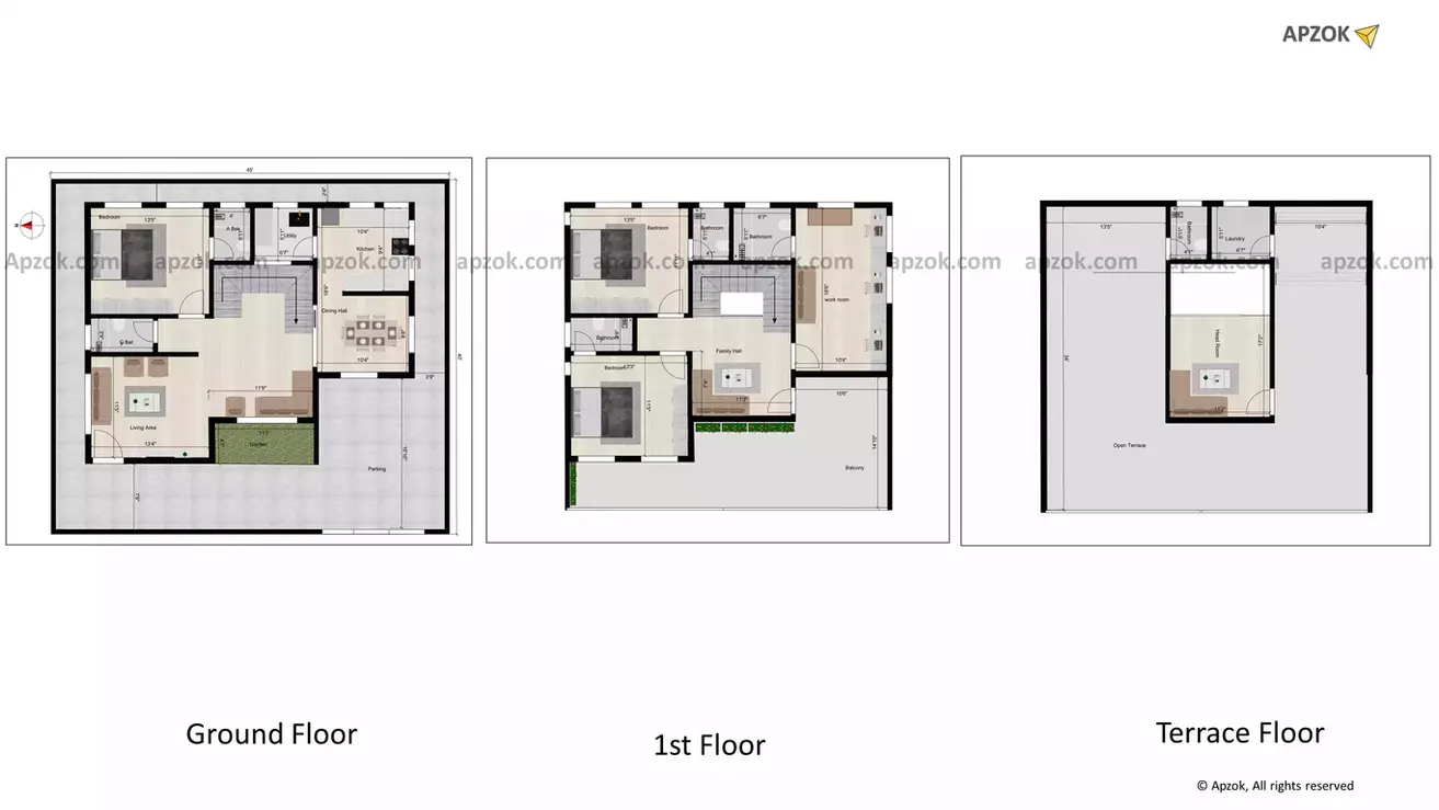 45 * 40 duplex house plan of the Residential building facing in West direction