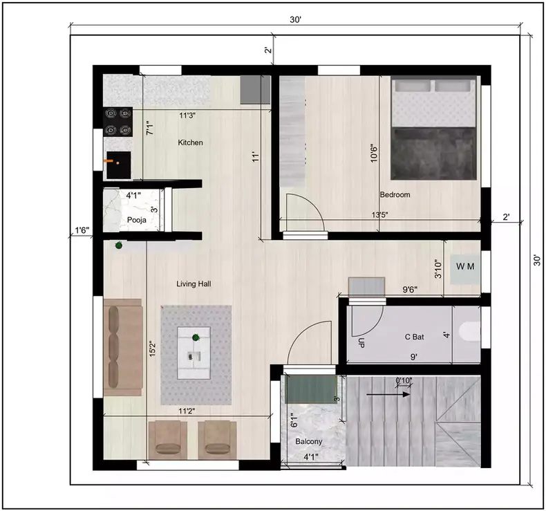 30’x 30’ feet and facing in North direction with G+3 floor 1st Floor Plan