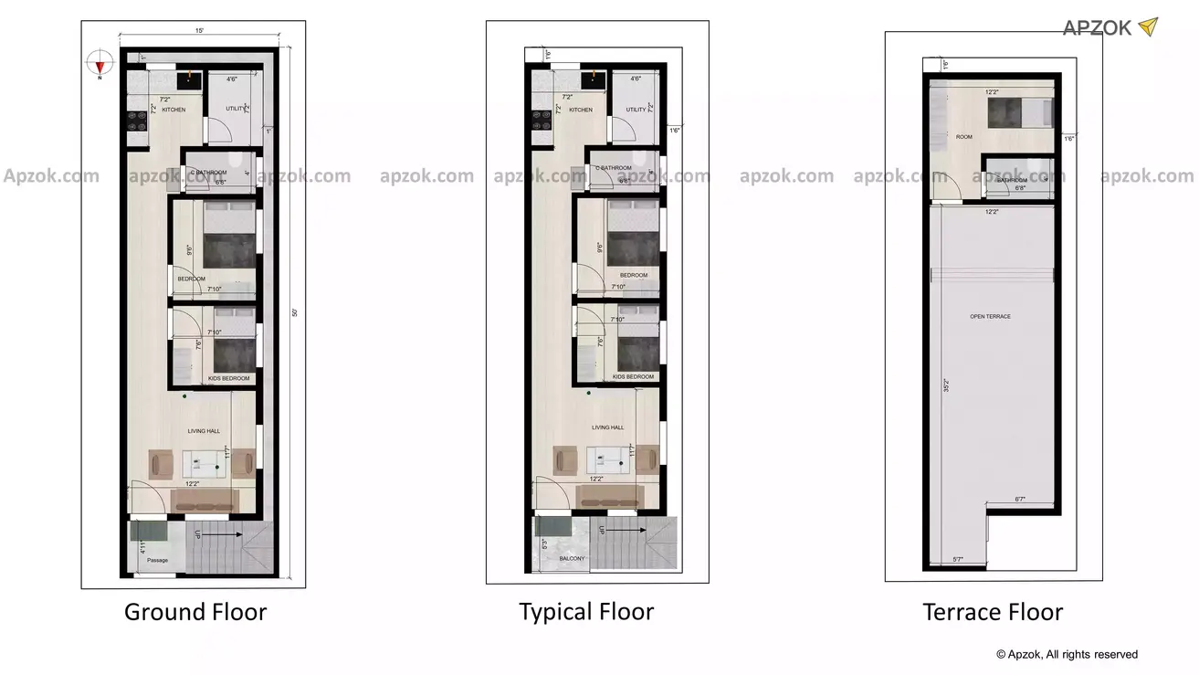 15 * 50 house design 3d 2bhk north facing Rental plan