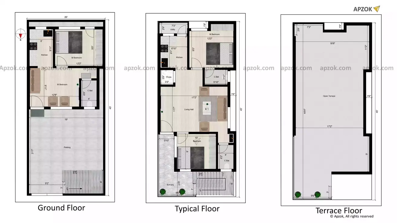 20 x 45 building plan 2bhk typical floor of the Residential building