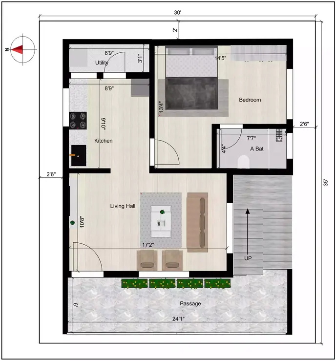 West facing house plan of 30’x35’ with G+3 structure that vaguely balances the space distribution throughout the four levels 1st Floor Plan