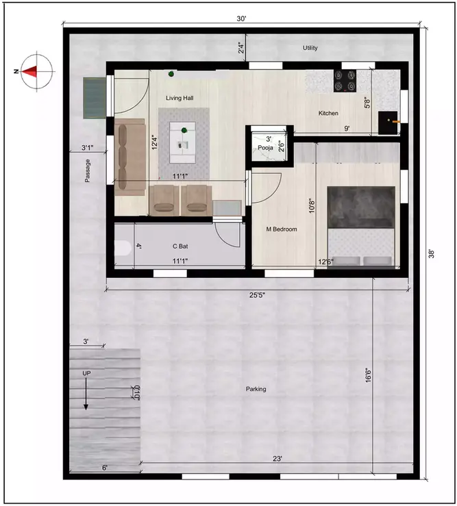 30 * 38 house plan west facing 4bhk duplex with 1bhk rent of the Residential building Ground Floor Plan