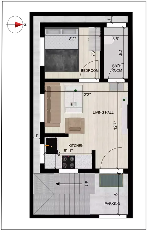 House plan 15 by 30 double bedroom duplex design Ground Floor Plan