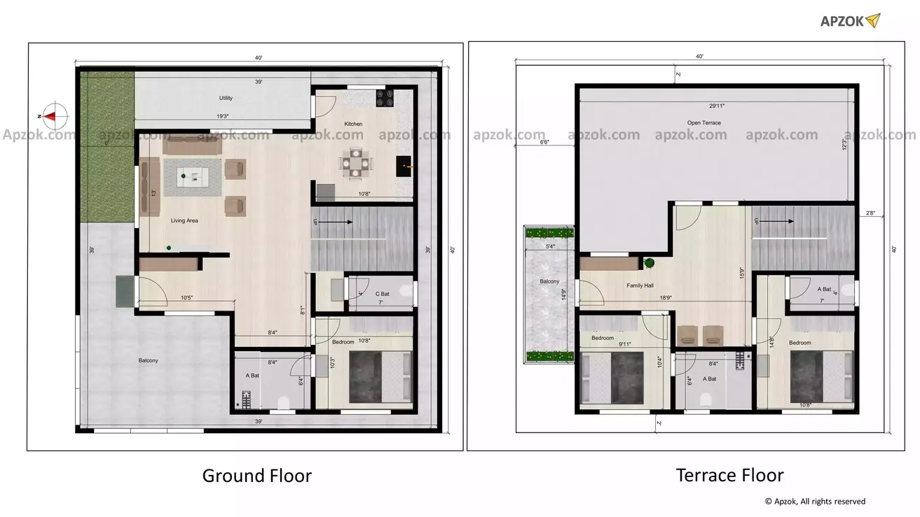 40 by 40 house plan of the Residential building