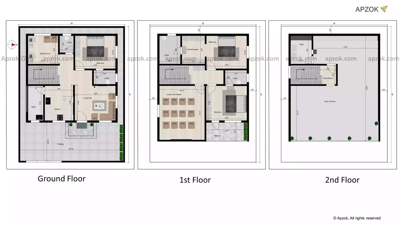 35x45 3 bedroom house plans east facing plot, thoughtfully designed across three floors