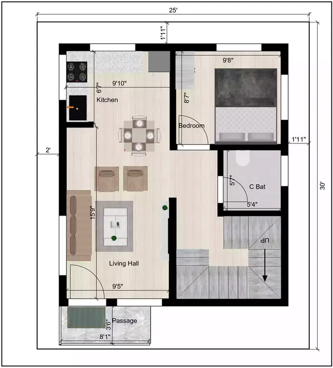 25 * 30 house plan 3 bedroom of the Residential Building 1st Floor