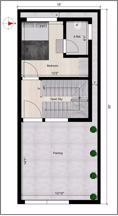 15 x 35 duplex house plans east facing of the Residential building Ground Floor plan