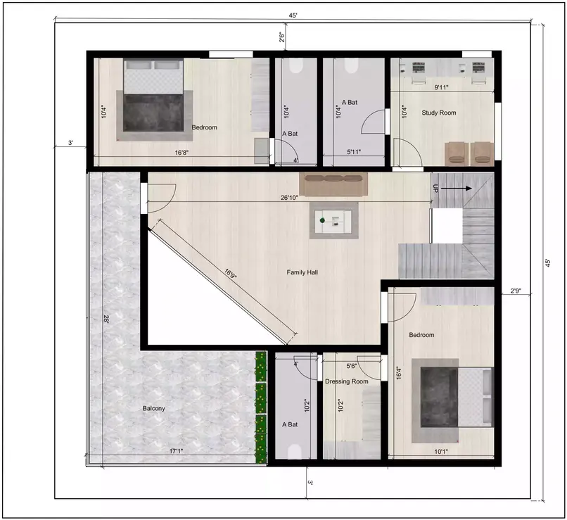 Duplex house 45 x 45 plan of the Residential building facing in West direction 1st Floor Plan