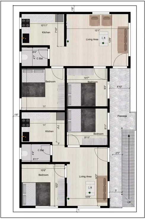 30'×50' north-facing house is thoughtfully designed for rental purposes Typical floor plan