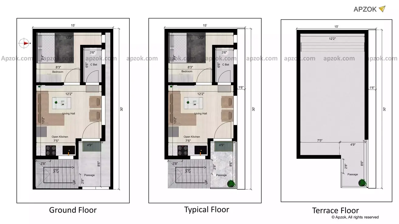15 * 30 feet house plan of the Residential building