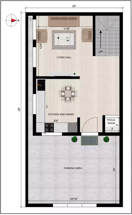 20 * 40 3 bhk house plan plot and designed with G+3 floors Ground Floor Plan