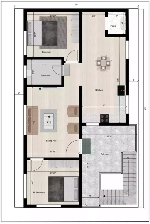 28 * 45 south facing house plan of the Residential building Typical Floor Plan