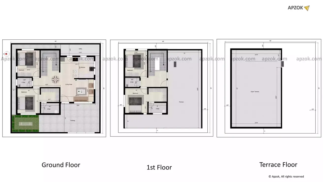 40 40 duplex house plan of the Residential building facing in West direction