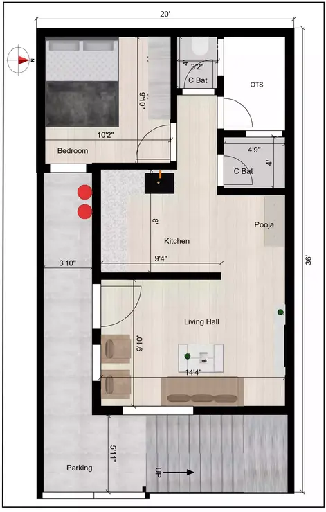 20 by 36 house design plan of the Residential building Ground Floor