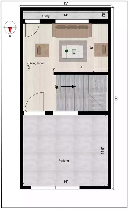 15 * 30 north facing house plan of the Residential building ground Floor Plan